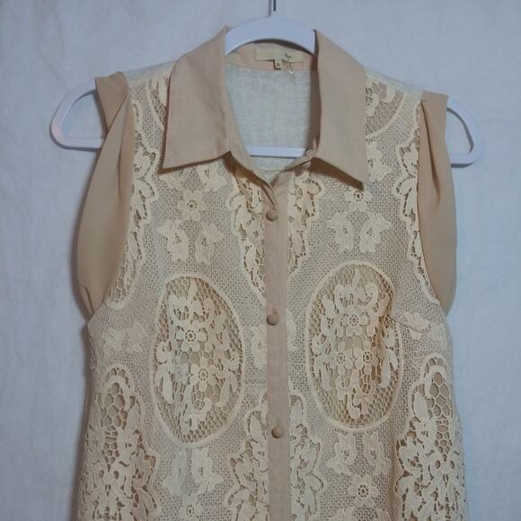 Ryu CottageCore Sleeveless Beige Lace Overlay Button Front Dress Beach Boho Sz S - Picture 2 of 10